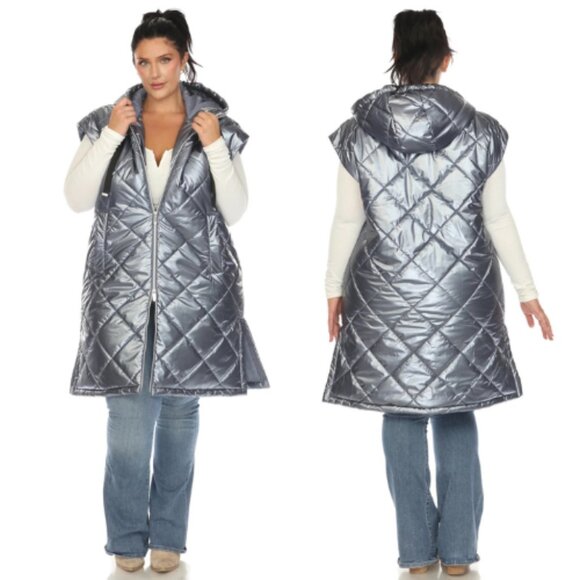 White Mark Womens Plus Size Metallic Diamond Puffer Vest Denim Slate Size 1X NWT - Picture 1 of 5